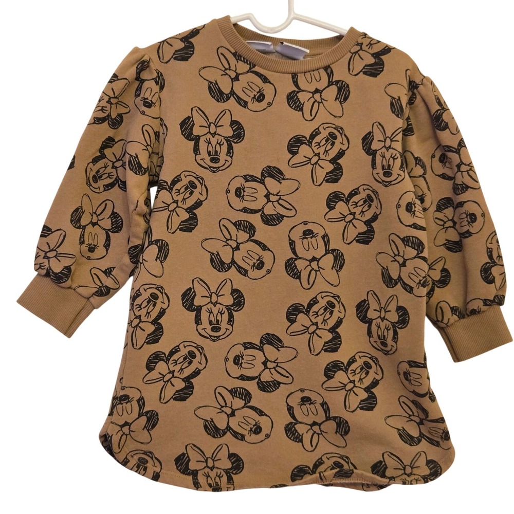 Zara Disney Minnie Mouse Sweatshirt Dress Tan Puffed Sleeve Girls Size 3-4 104cm